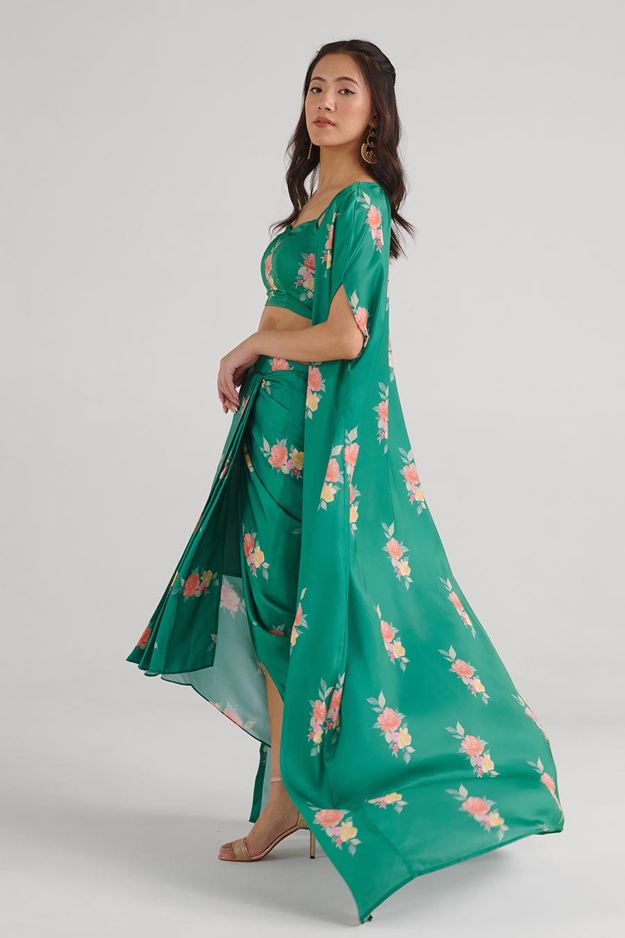 Jade Green Floral Bralette & Skirt Set With Cape