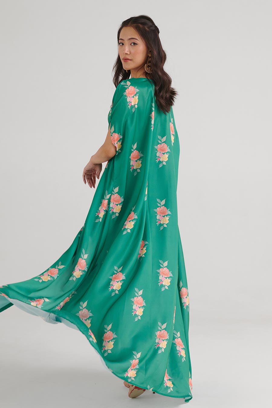 Jade Green Floral Bralette & Skirt Set With Cape