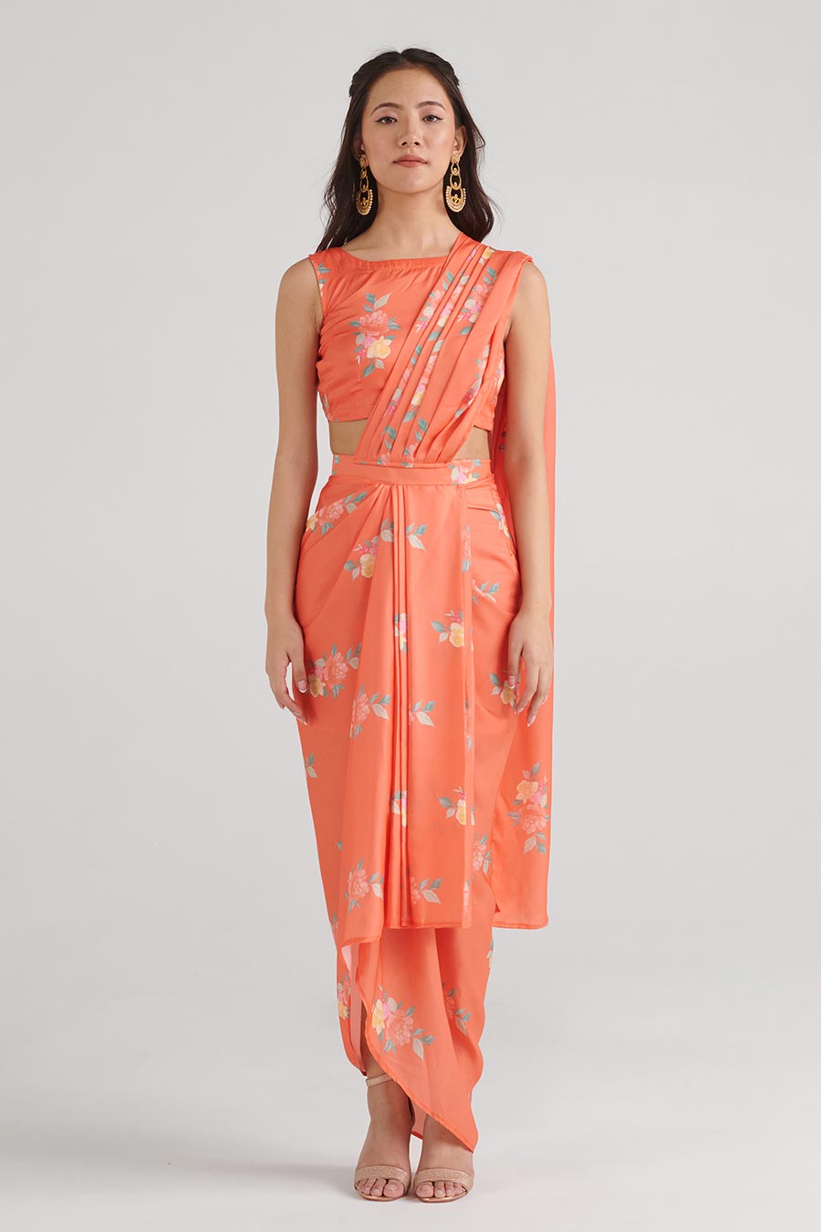 Bright Orange Floral Pre-Draped Saree Set