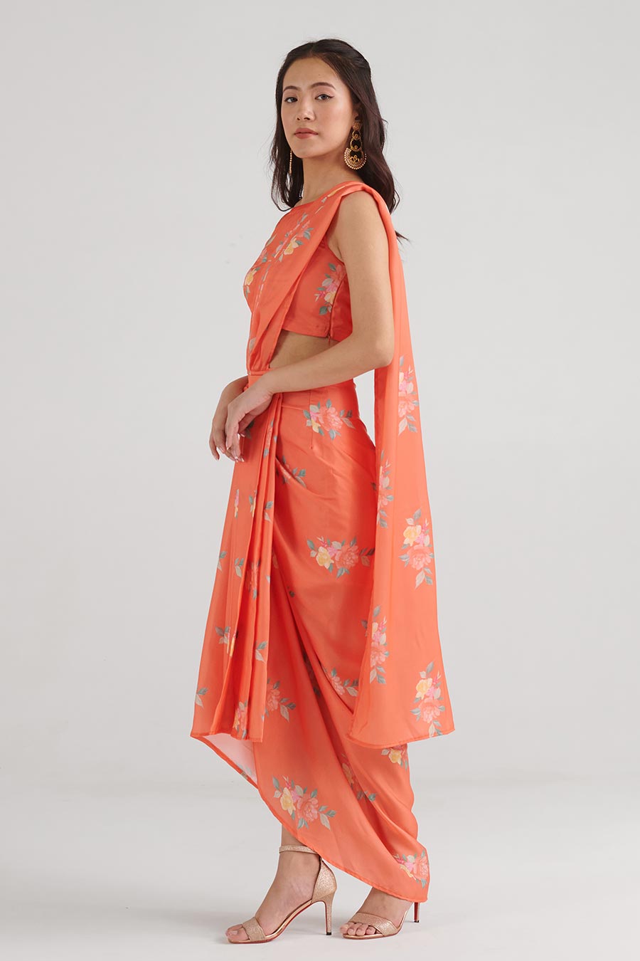 Bright Orange Floral Pre-Draped Saree Set