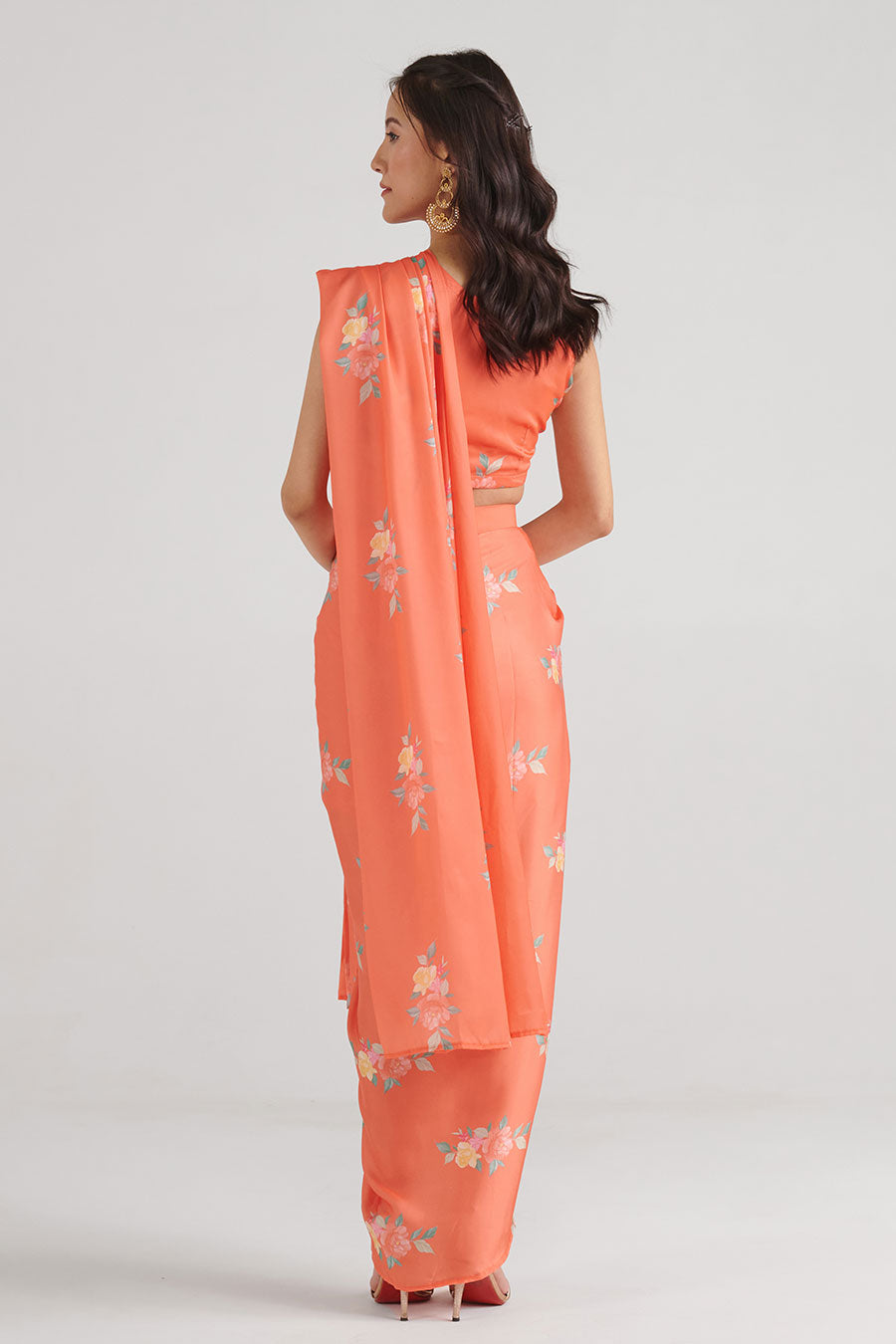 Bright Orange Floral Pre-Draped Saree Set