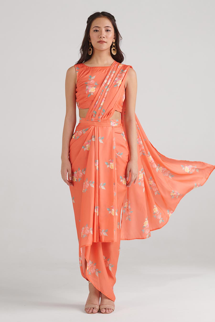 Bright Orange Floral Pre-Draped Saree Set