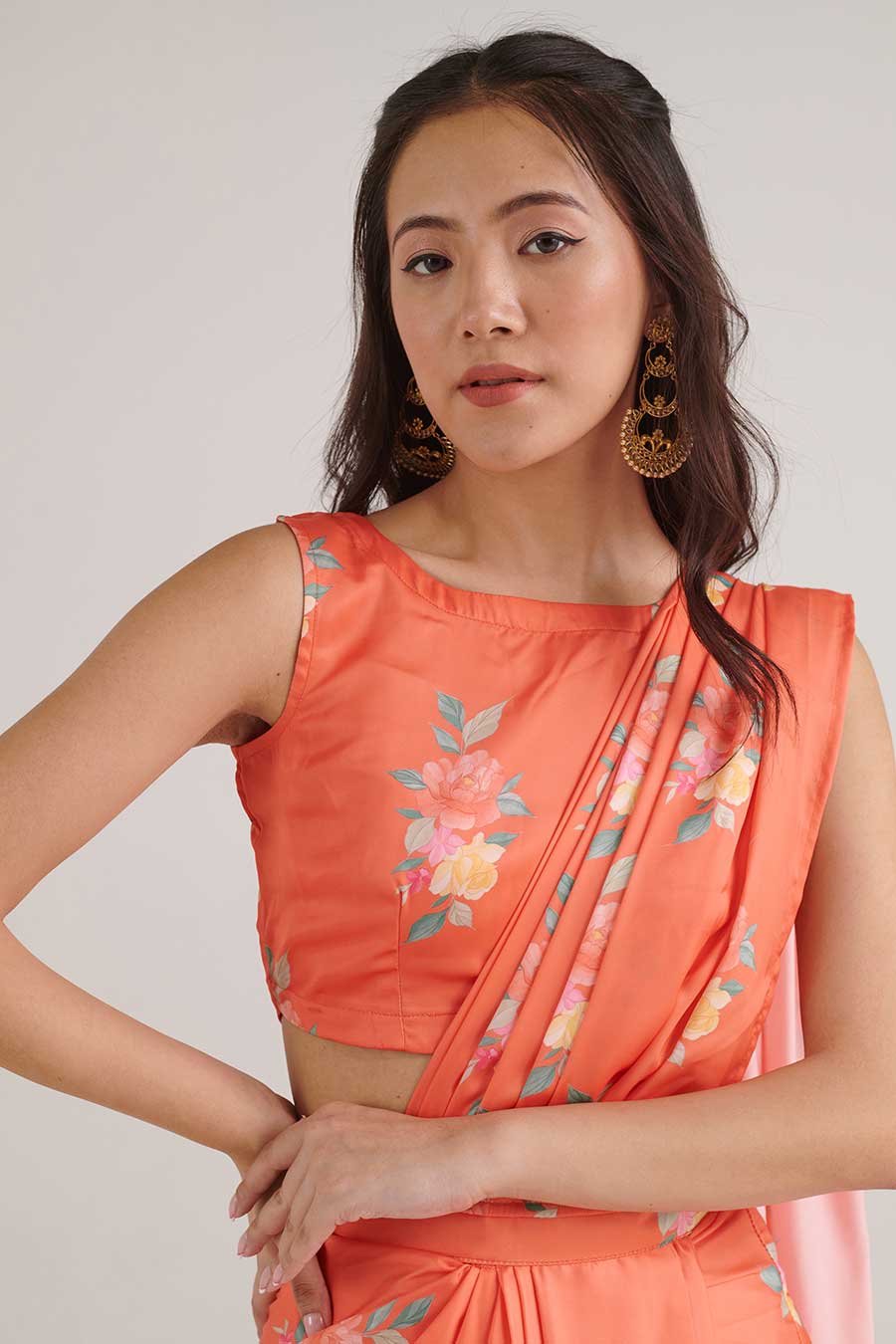 Bright Orange Floral Pre-Draped Saree Set