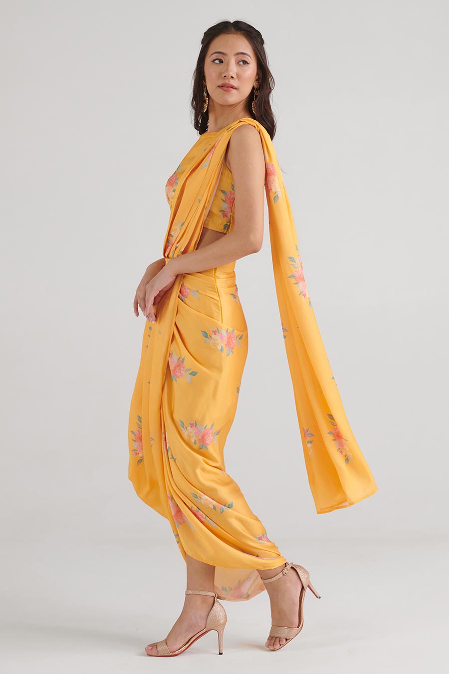 Amber Yellow Floral Pre-Draped Saree Set