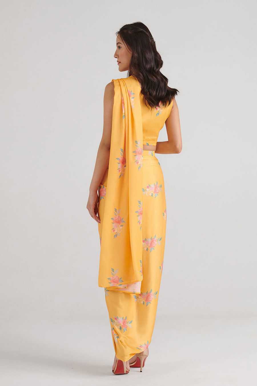 Amber Yellow Floral Pre-Draped Saree Set