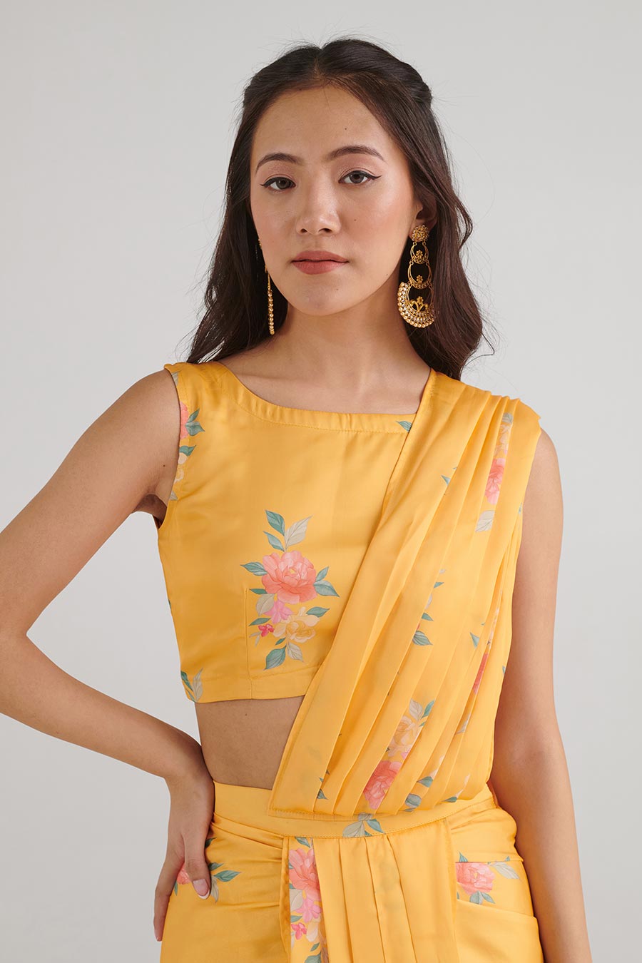 Amber Yellow Floral Pre-Draped Saree Set