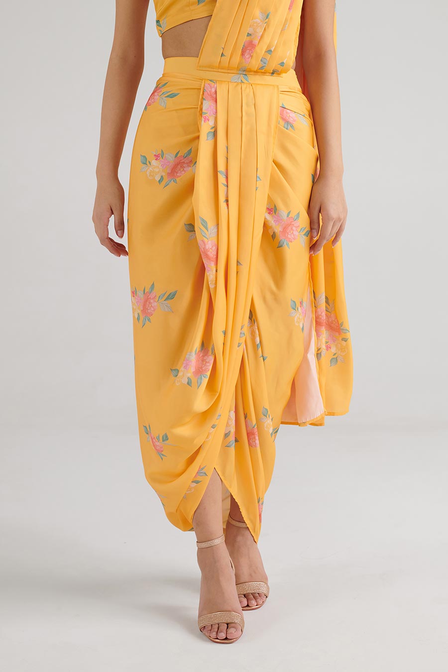 Amber Yellow Floral Pre-Draped Saree Set