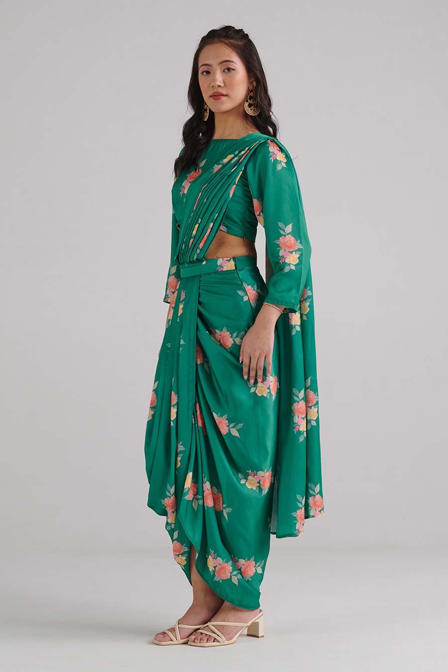 Jade Green Floral Pre-Draped Saree Set