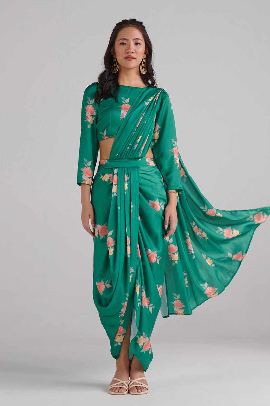 Jade Green Floral Pre-Draped Saree Set