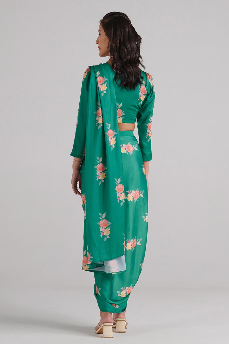 Jade Green Floral Pre-Draped Saree Set