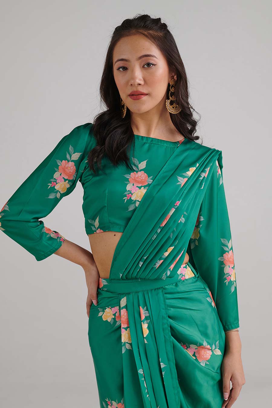 Jade Green Floral Pre-Draped Saree Set