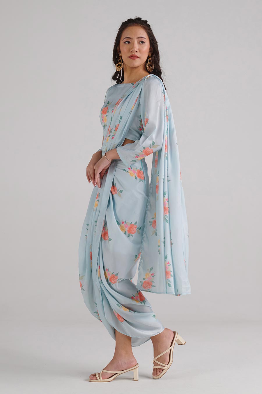 Baby Blue Floral Pre-Draped Saree Set
