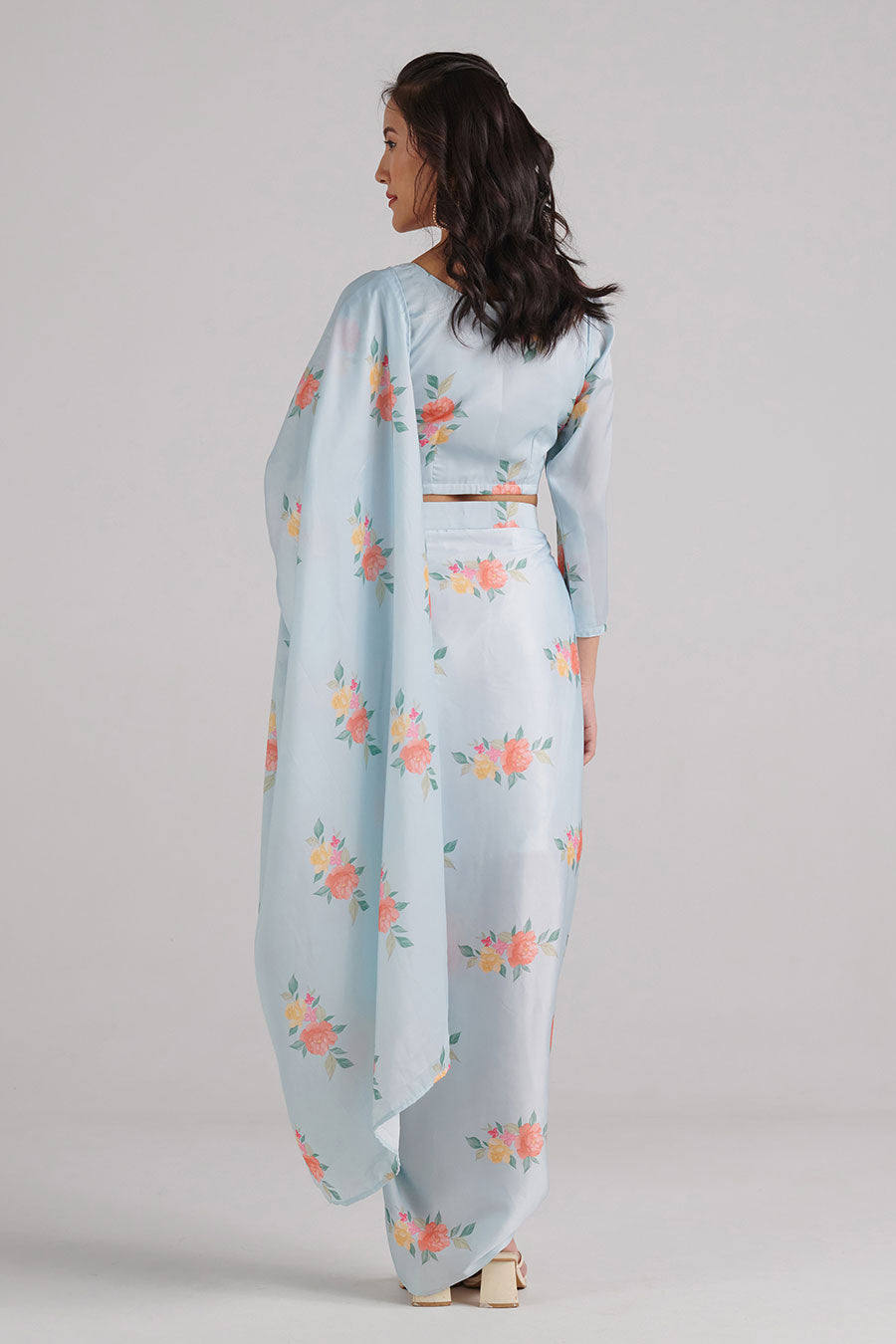 Baby Blue Floral Pre-Draped Saree Set