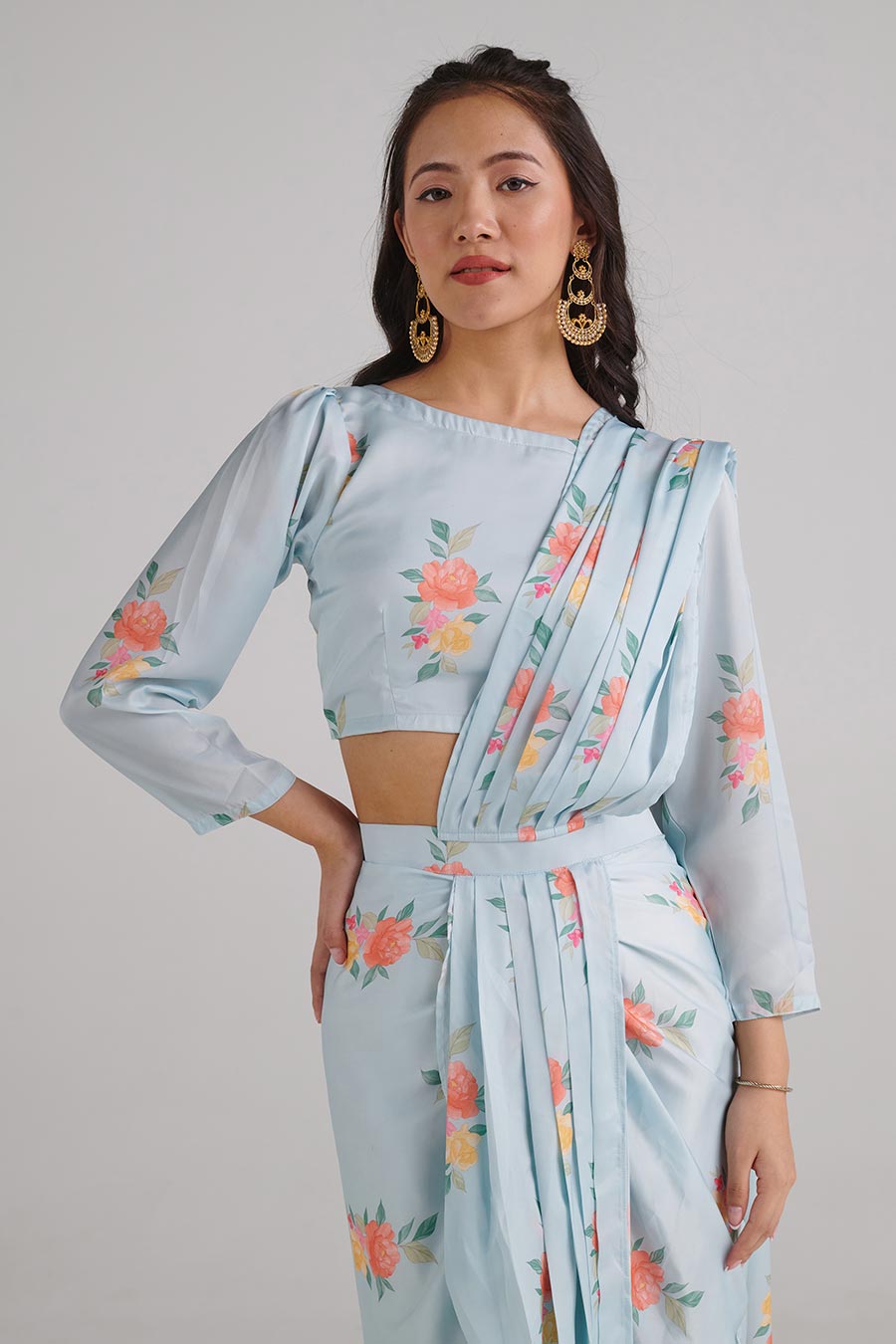 Baby Blue Floral Pre-Draped Saree Set