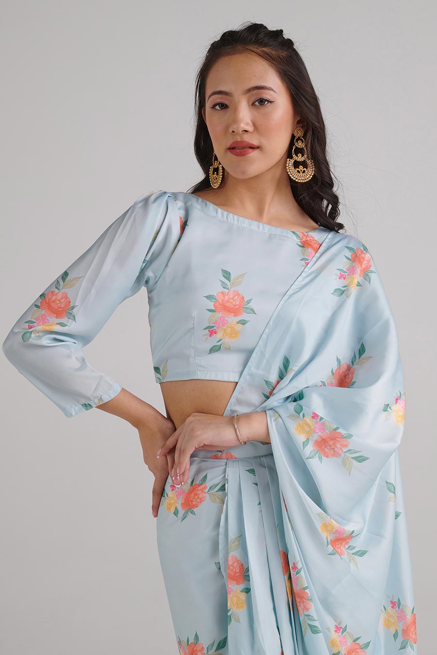 Baby Blue Floral Pre-Draped Saree Set
