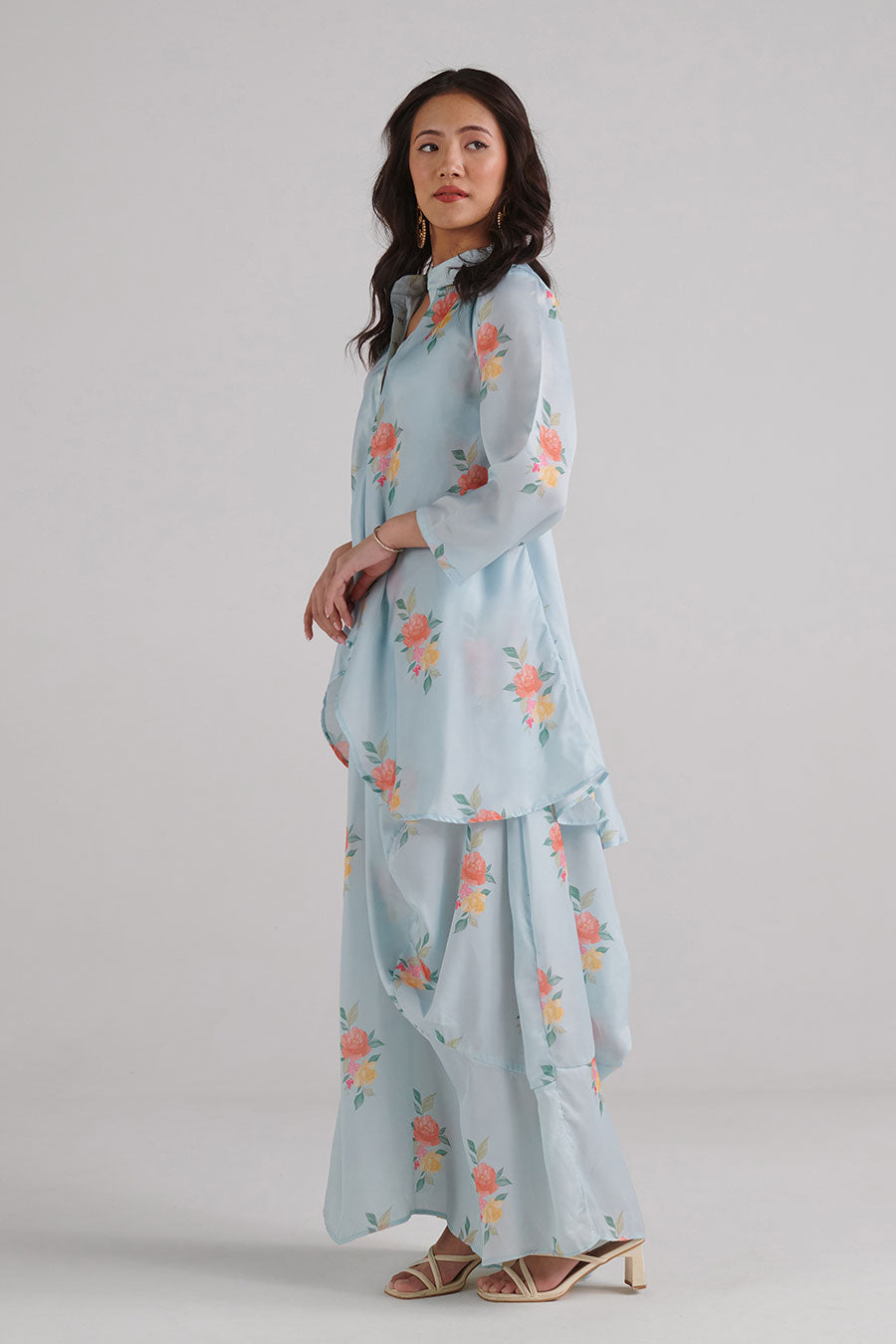Baby Blue Floral Print Dhoti-Kurti Dress