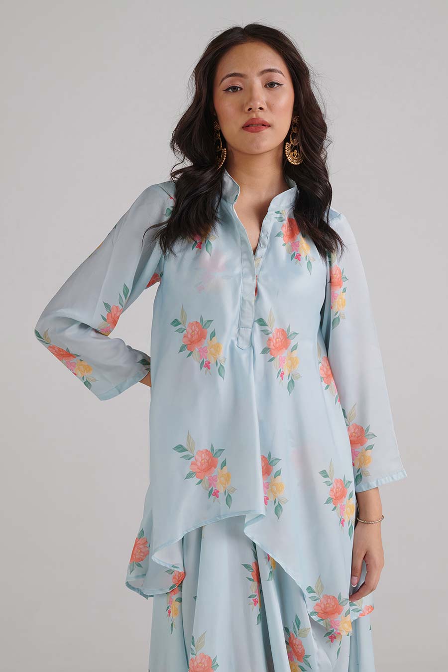 Baby Blue Floral Print Dhoti-Kurti Dress