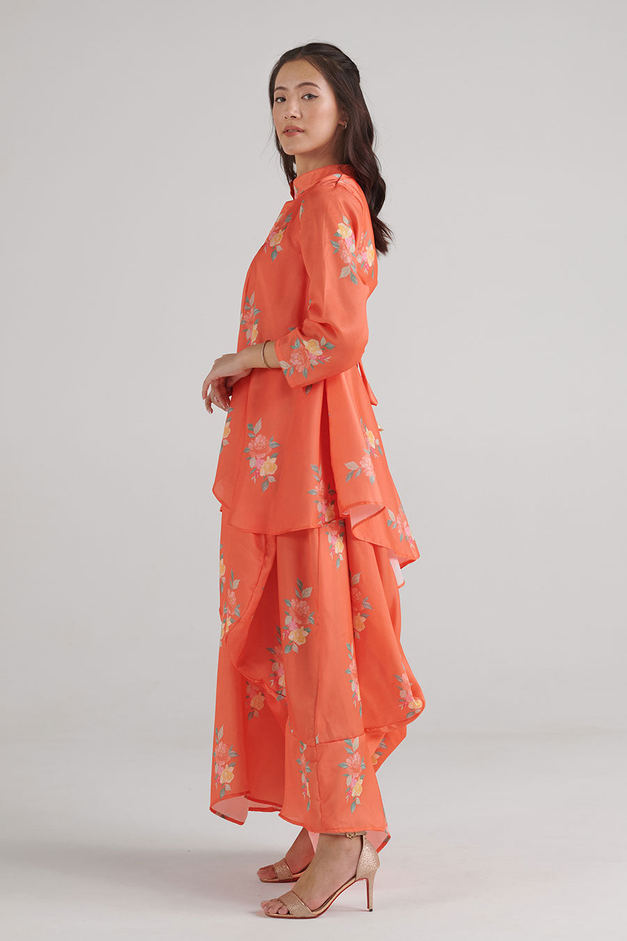 Bright Orange Floral Print Dhoti-Kurti Dress