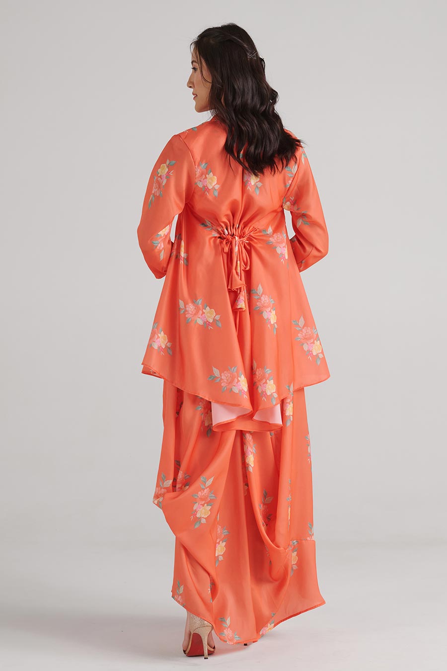 Bright Orange Floral Print Dhoti-Kurti Dress
