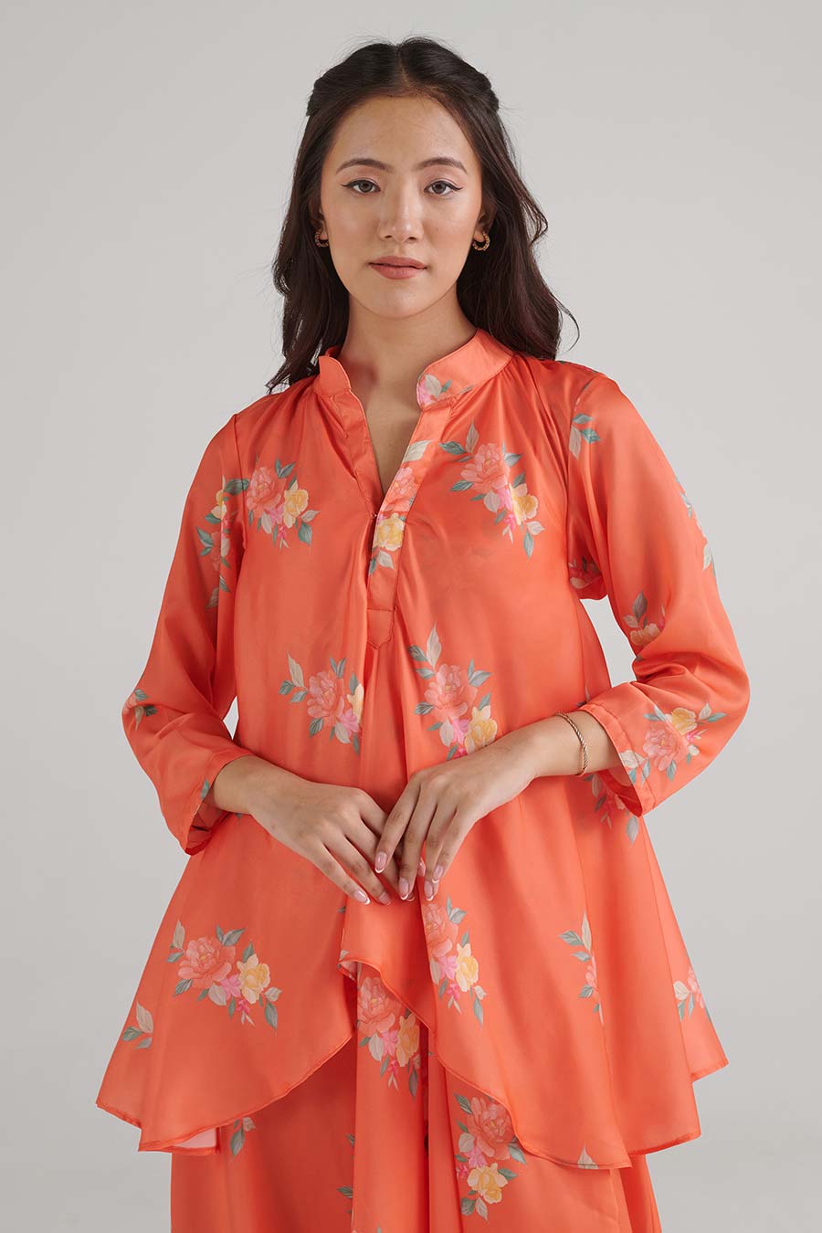 Bright Orange Floral Print Dhoti-Kurti Dress
