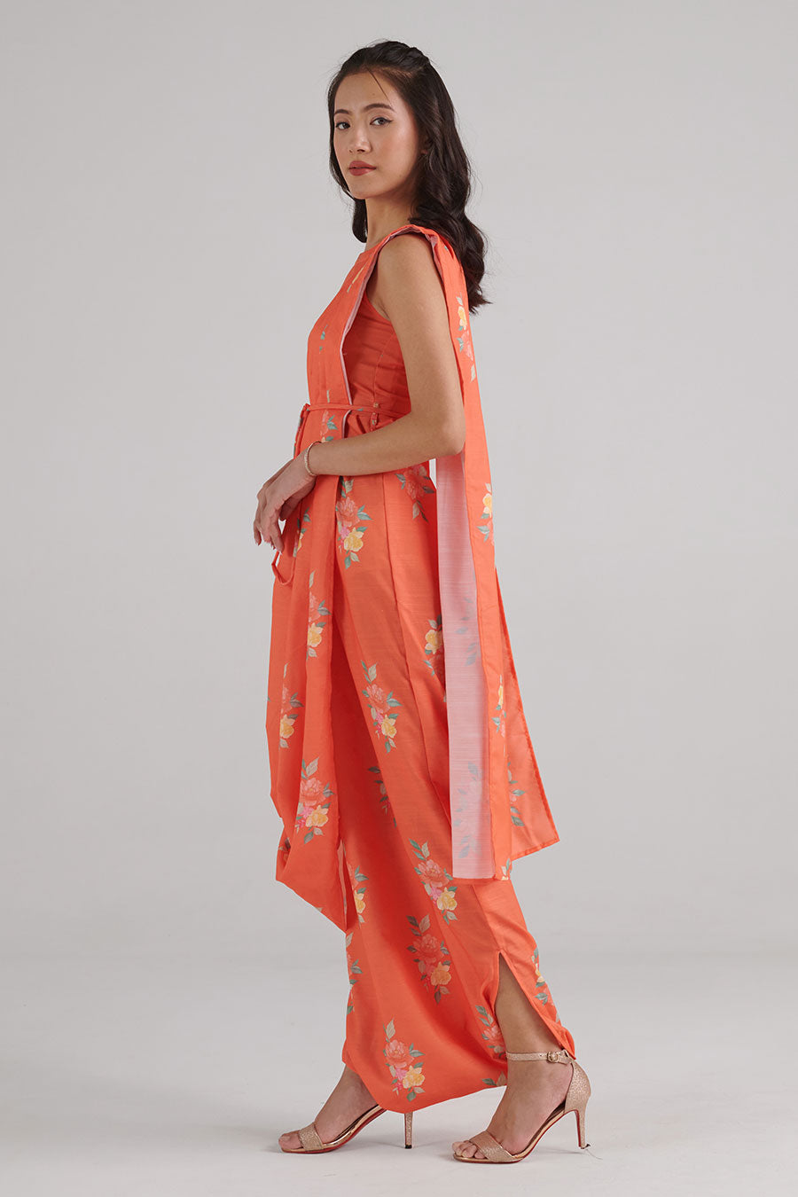 Bright Orange Floral Print Saree Jumpsuit