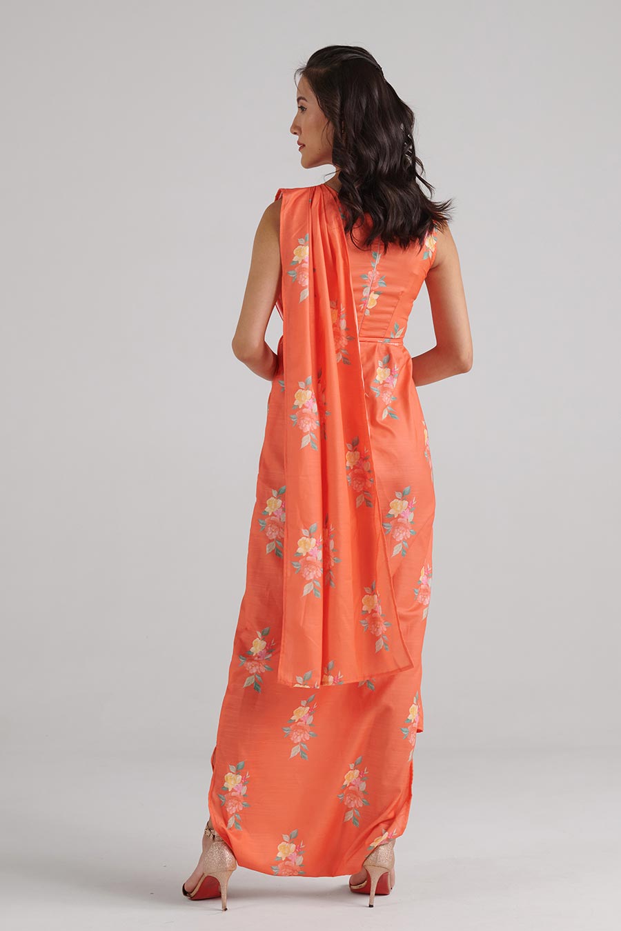 Bright Orange Floral Print Saree Jumpsuit