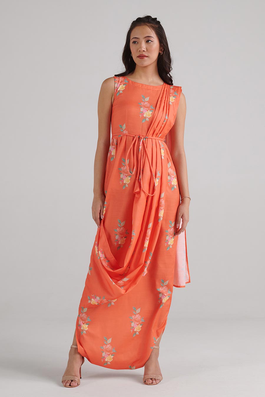 Bright Orange Floral Print Saree Jumpsuit