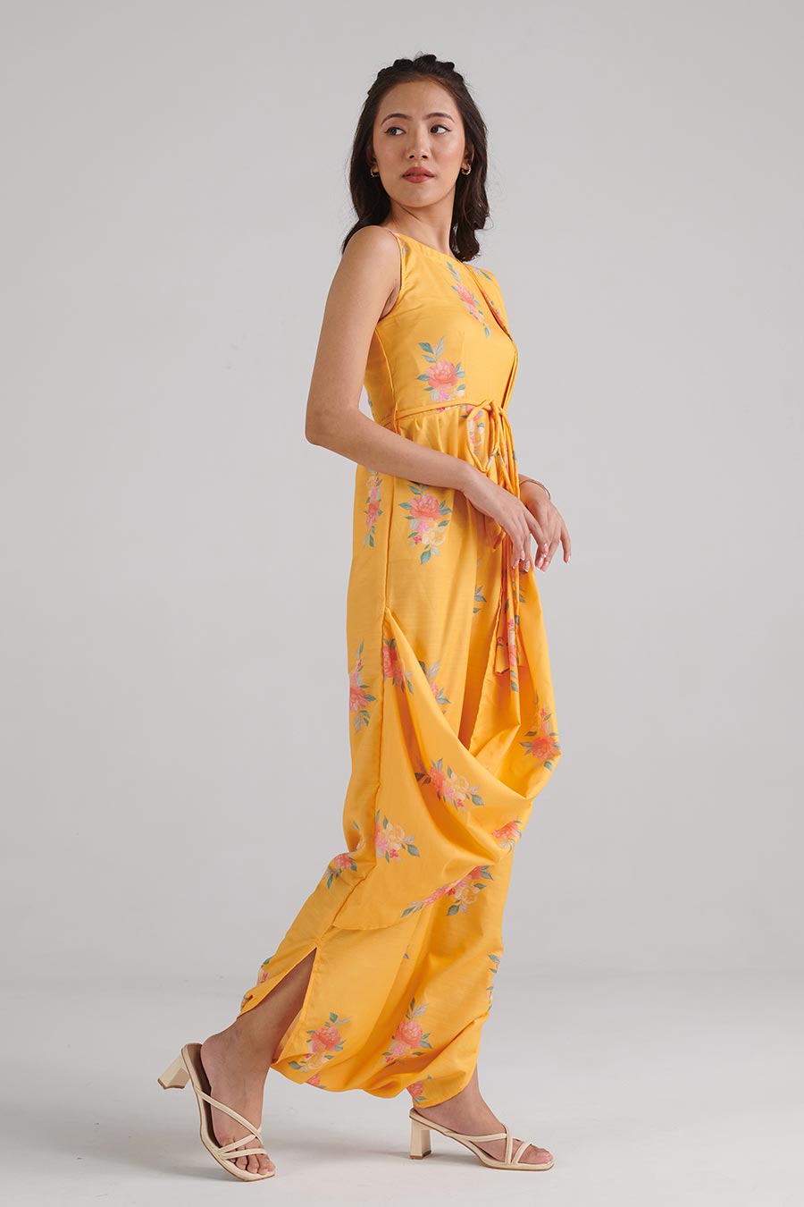 Amber Yellow Floral Print Saree Jumpsuit