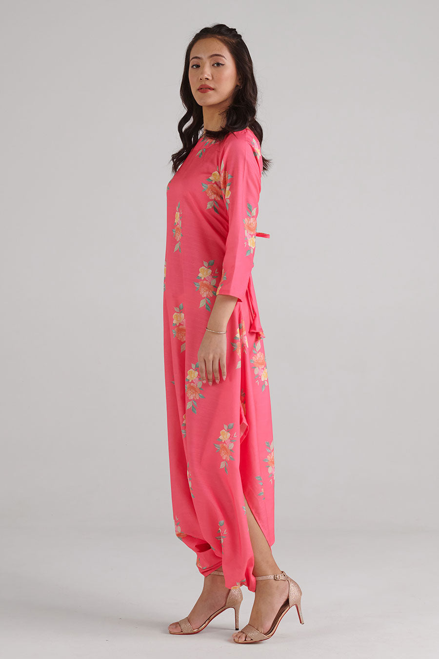 Hot Pink Floral Print Dhoti Jumpsuit