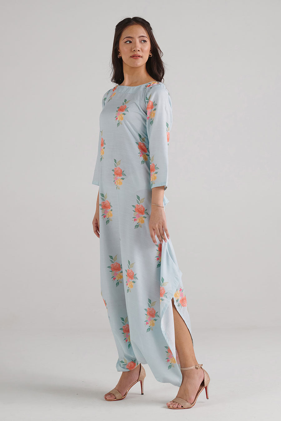 Baby Blue Floral Print Dhoti Jumpsuit