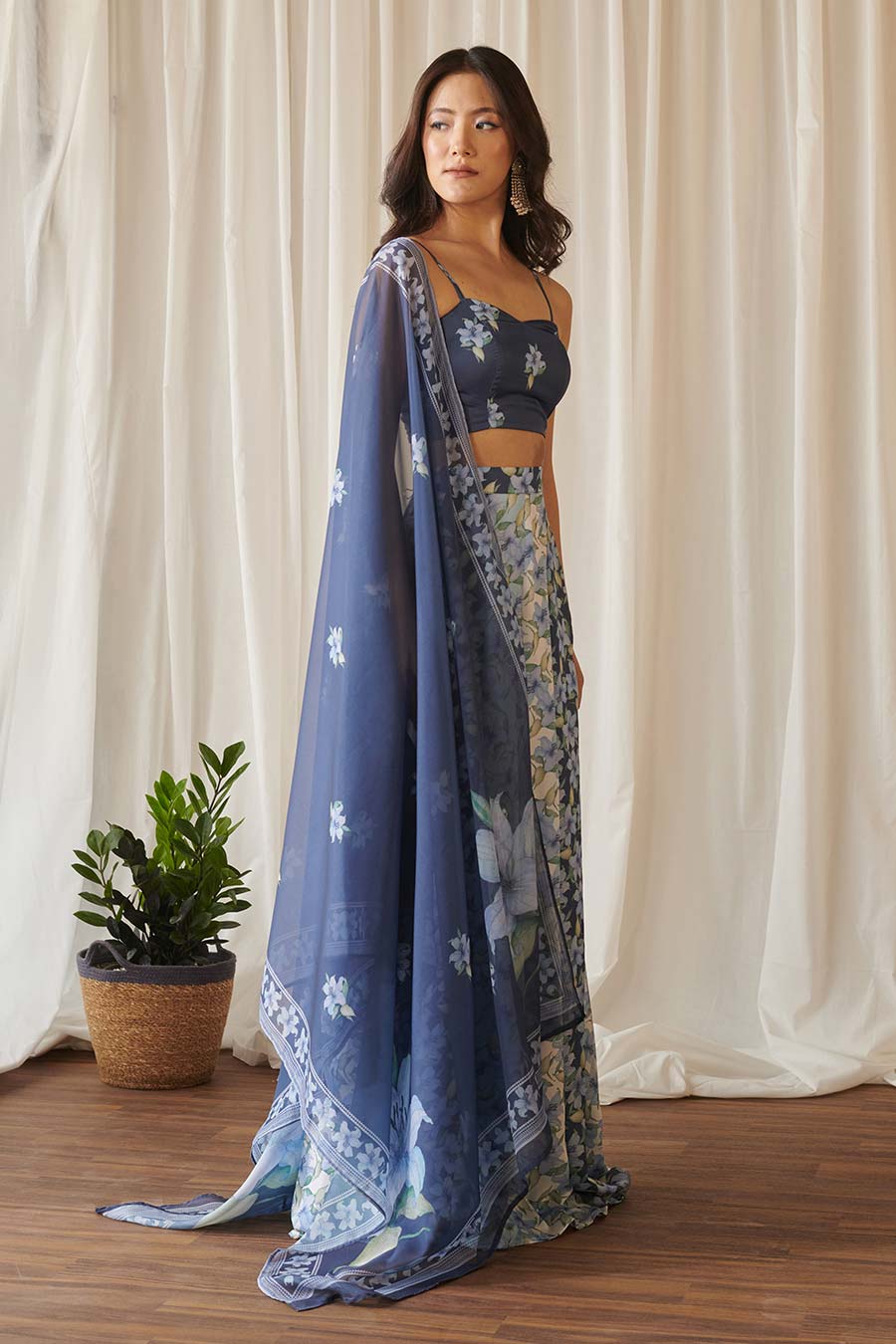 Blue Saavan Floral Print Kali Lehenga Set