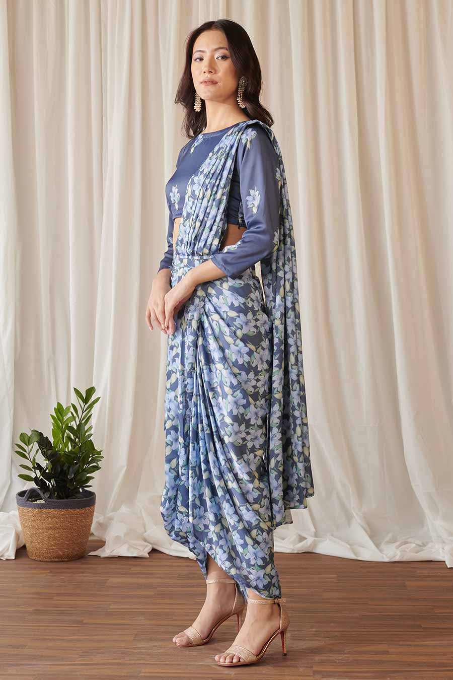Space Blue Floral Print Pre-Draped Saree Set