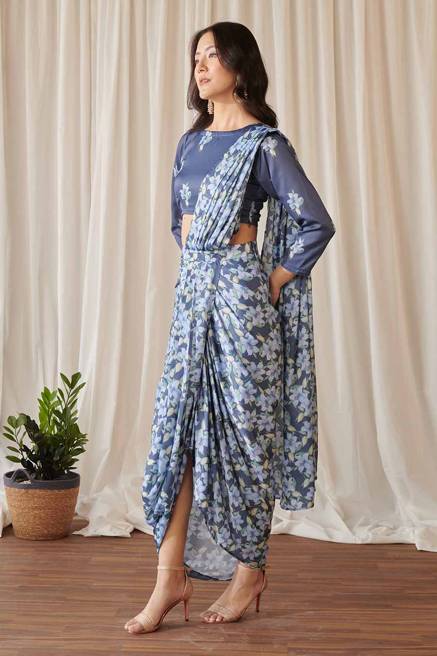 Space Blue Floral Print Pre-Draped Saree Set