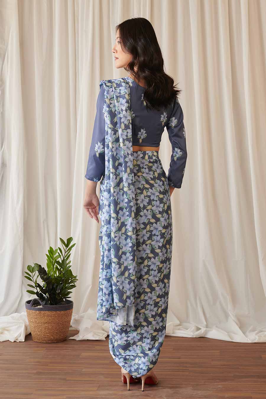 Space Blue Floral Print Pre-Draped Saree Set