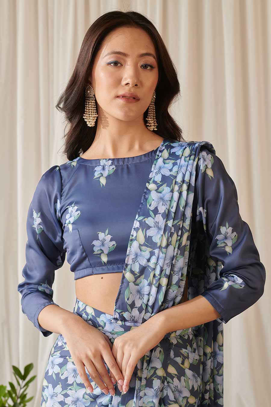 Space Blue Floral Print Pre-Draped Saree Set