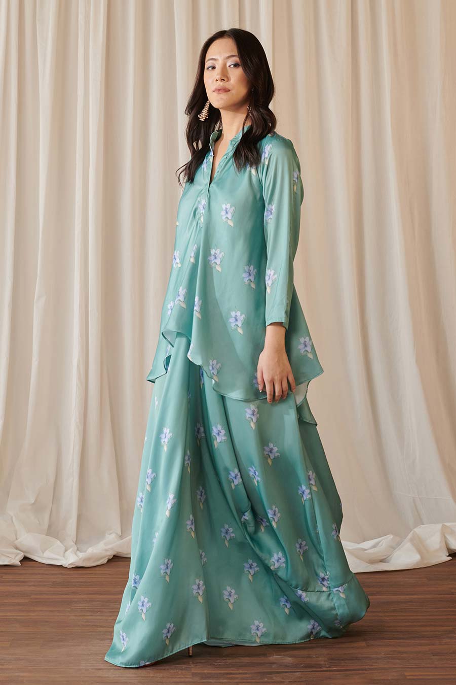 Seagreen Floral Print Dhoti-Kurti Dress