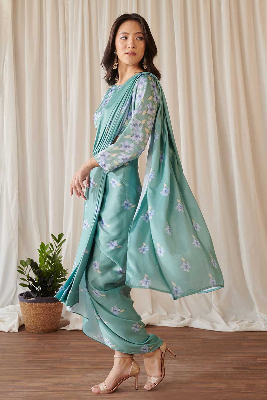 Seagreen Floral Print Pre-Draped Saree Set