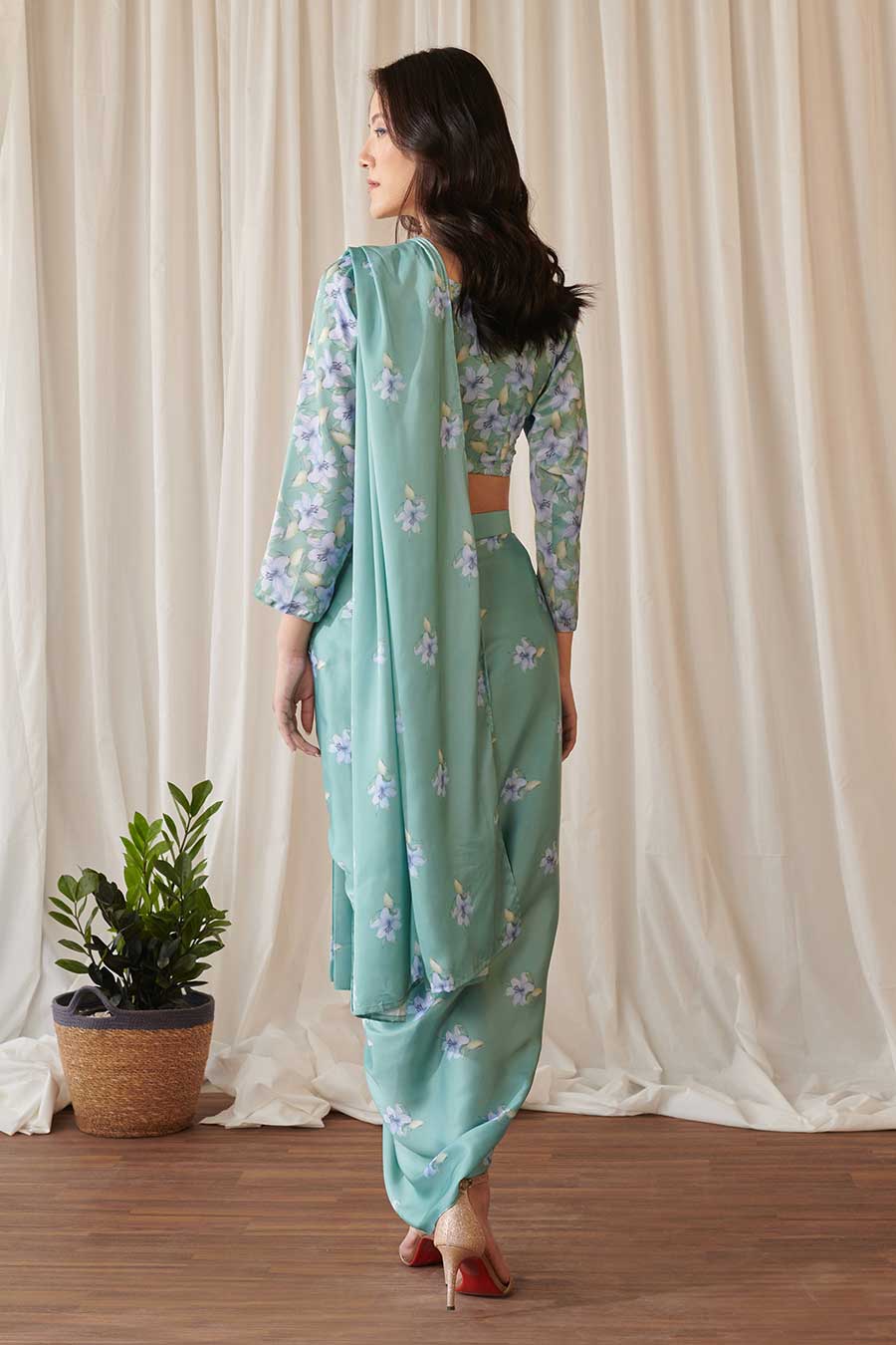 Seagreen Floral Print Pre-Draped Saree Set