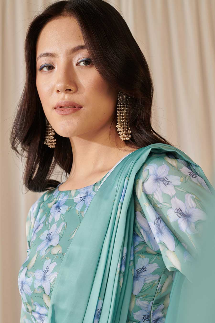Seagreen Floral Print Pre-Draped Saree Set