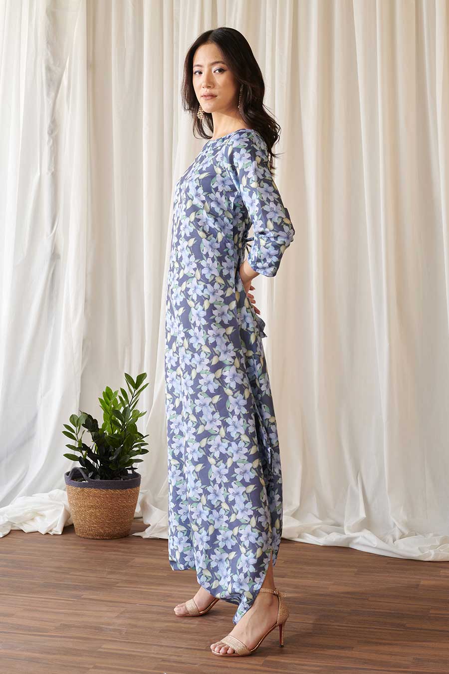 Space Blue Floral Print Dhoti Jumpsuit