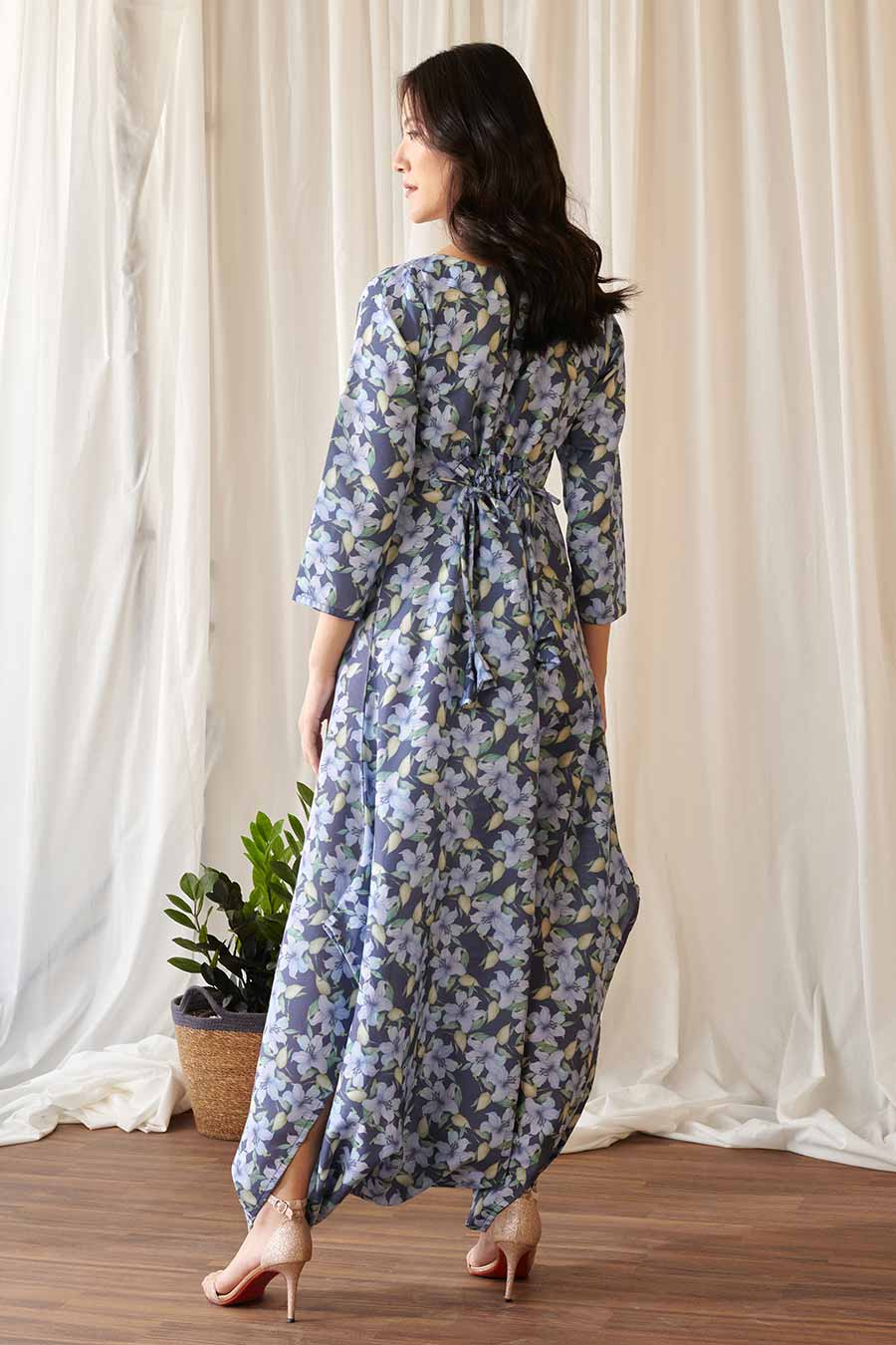 Space Blue Floral Print Dhoti Jumpsuit