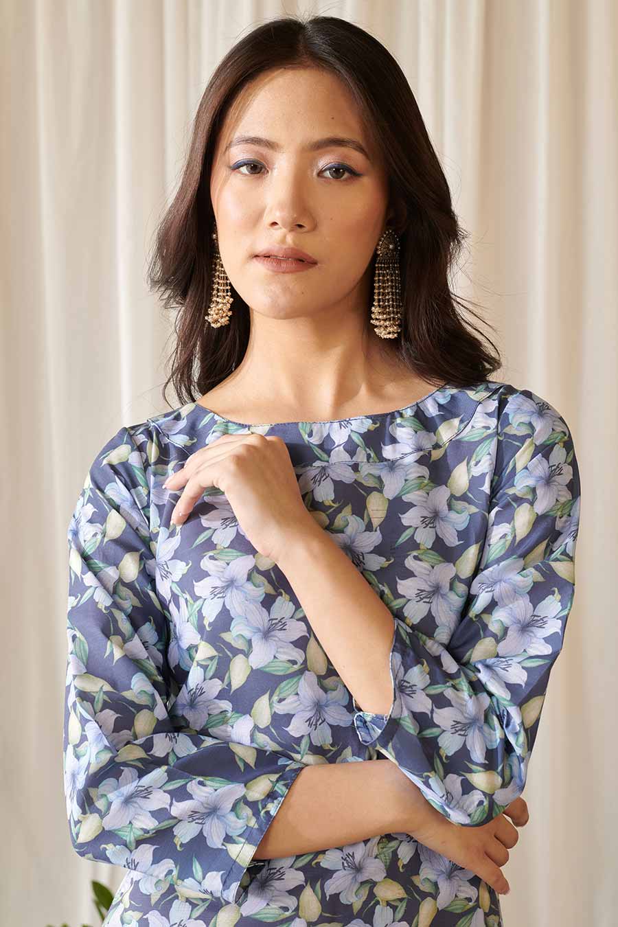 Space Blue Floral Print Dhoti Jumpsuit