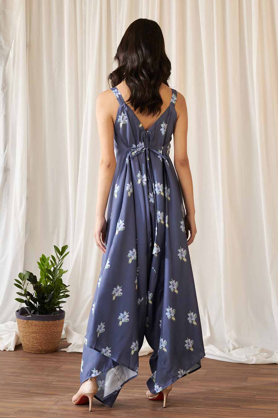 Space Blue Floral Print Palazzo Jumpsuit