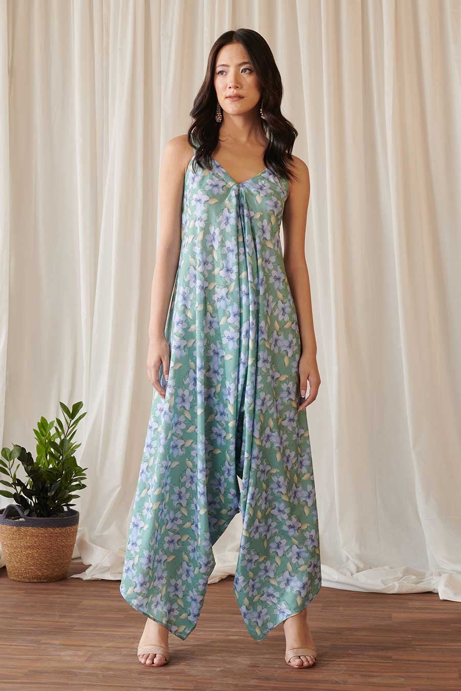 Seagreen Floral Print Palazzo Jumpsuit