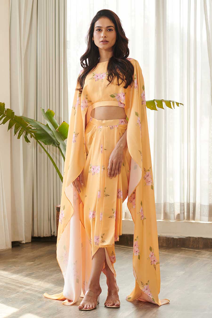 Yellow Floral Print Cape Top & Skirt Set