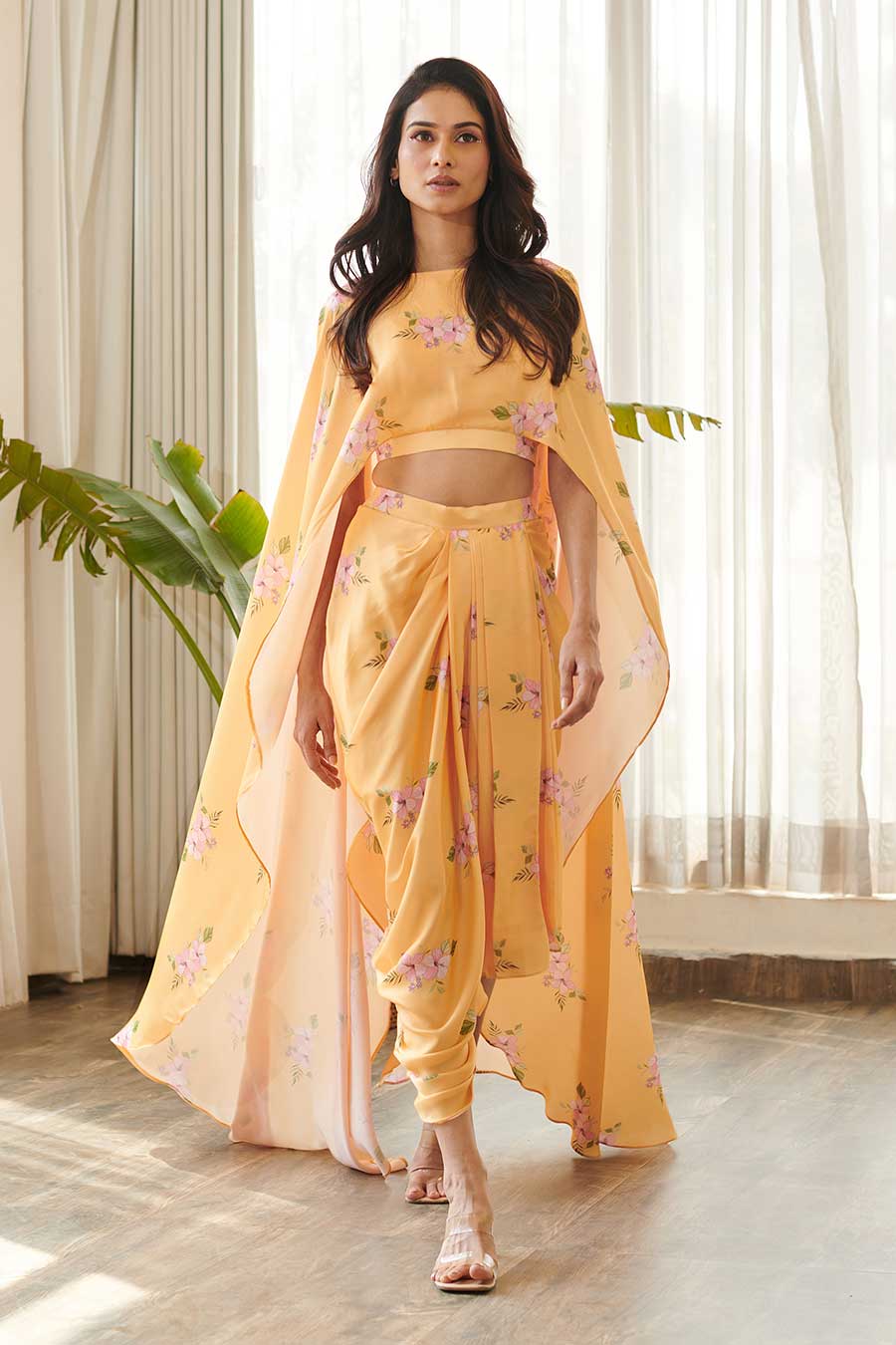 Yellow Floral Print Cape Top & Skirt Set