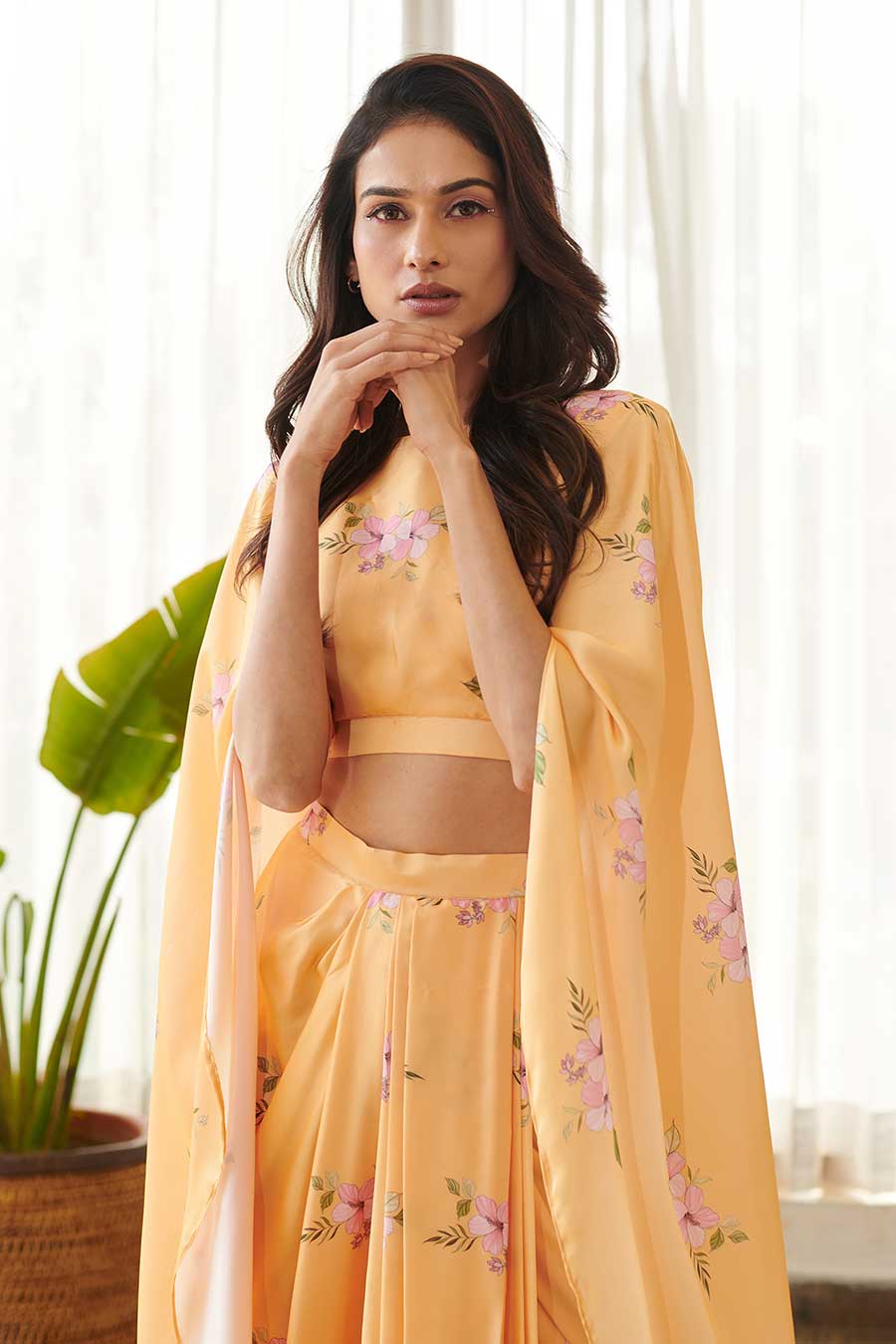 Yellow Floral Print Cape Top & Skirt Set