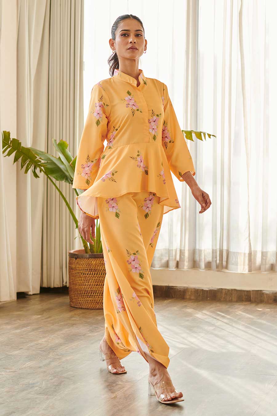 Yellow Floral Print Peplum Dhoti Jumpsuit