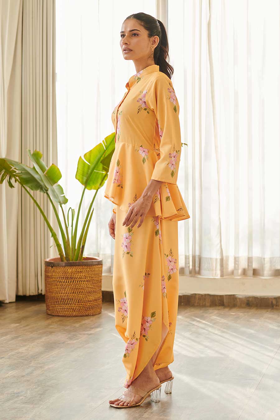 Yellow Floral Print Peplum Dhoti Jumpsuit