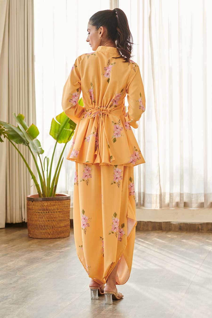 Yellow Floral Print Peplum Dhoti Jumpsuit